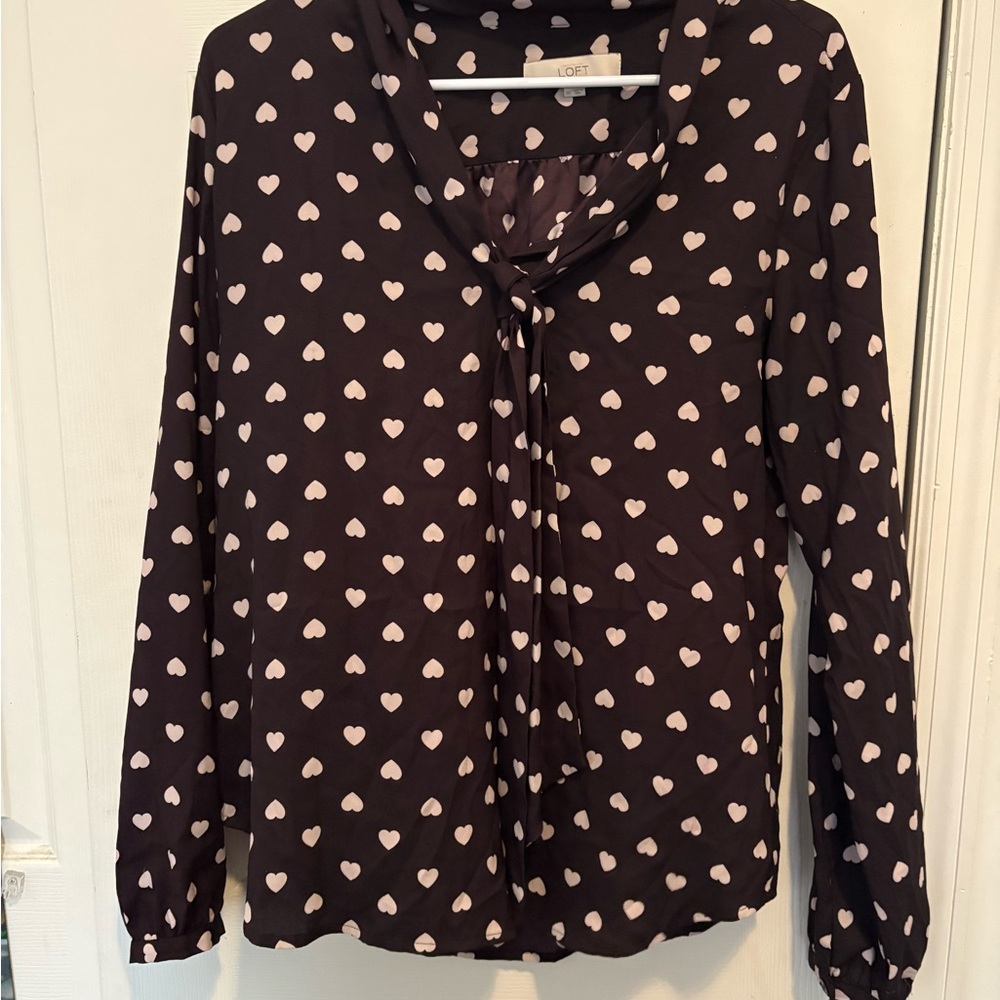 LOFT Black Blouse with White Heart Pattern